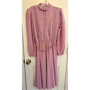 Vintage Sears Womens Carnation Pink Belted Lace Dress Size 10